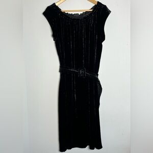 Theory Black Velvet Cocktail Dress Womens Sz Lg Belted, Ruffled Neck, Capsule